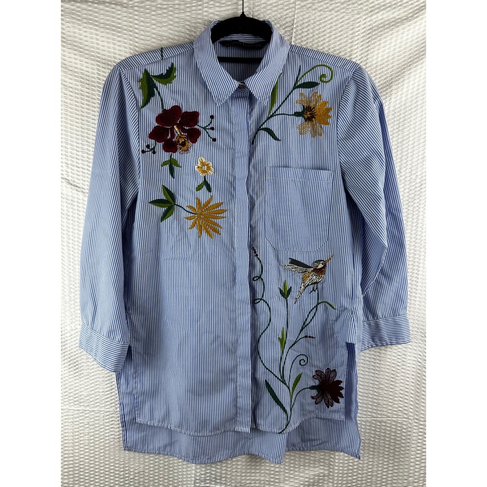 Zara Embroidered Button Up Shirt Blue White Stripe Floral Bird XS